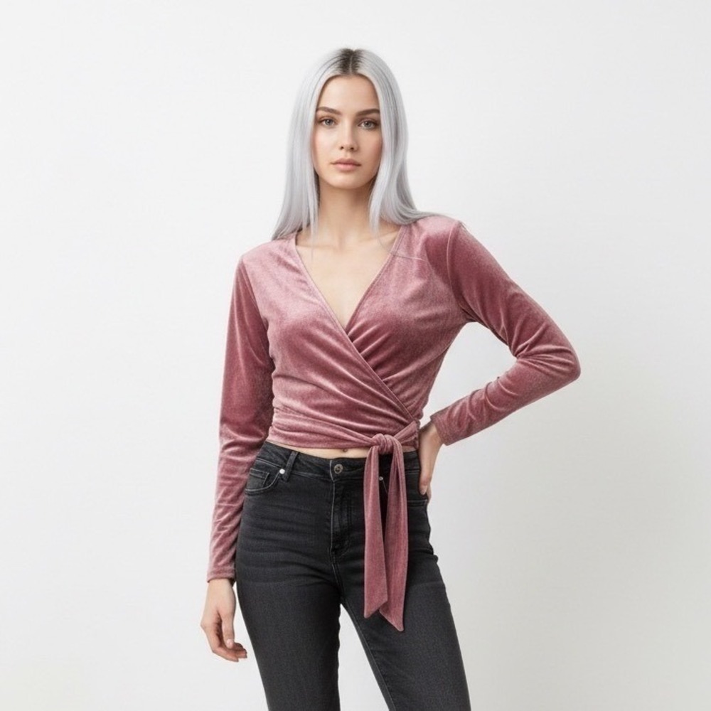 Abercrombie & Fitch Womens Velvet Wrap Crop Top Rose Pink Long Sleeve XS 264